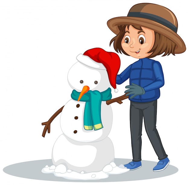 Free vector girl making snowman on white