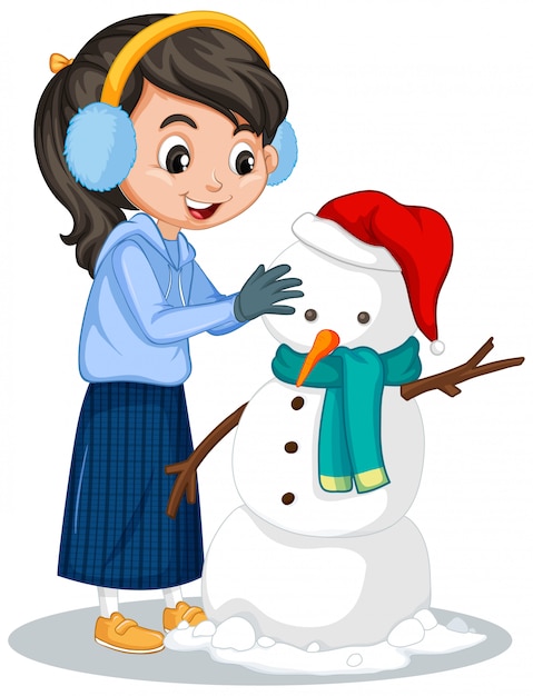 Girl making snowman on white