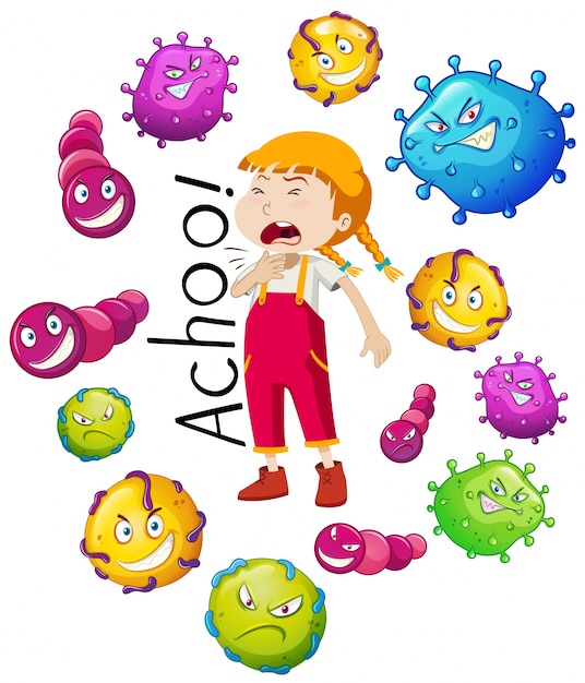 Girl and many virus on white background