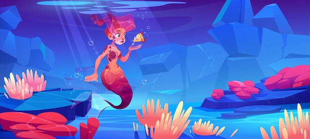 Girl mermaid with little fish underwater in ocean. Vector cartoon illustration of sea bottom with marine plants, animals and beautiful woman fish with red hair and tail