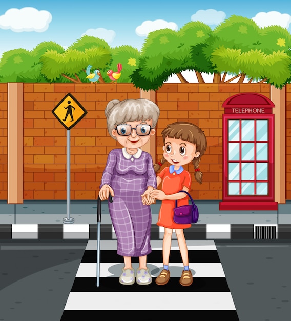 Free Vector girl and old lady crossing the road