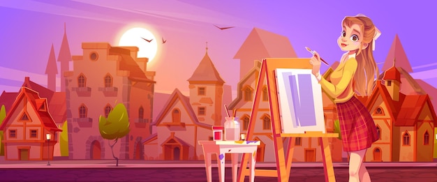 Girl painter with brush and easel on german city street at sunset. Vector cartoon illustration of town with old half-timbered houses and woman artist painting on canvas