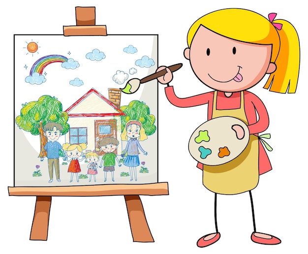 Free Vector a girl painting house and family