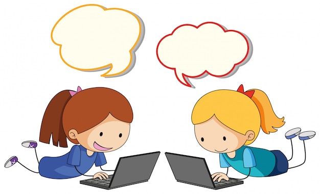 Girl playing computer with speech balloon