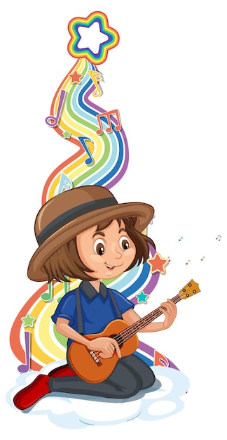 Girl playing guitar with melody symbols on rainbow wave