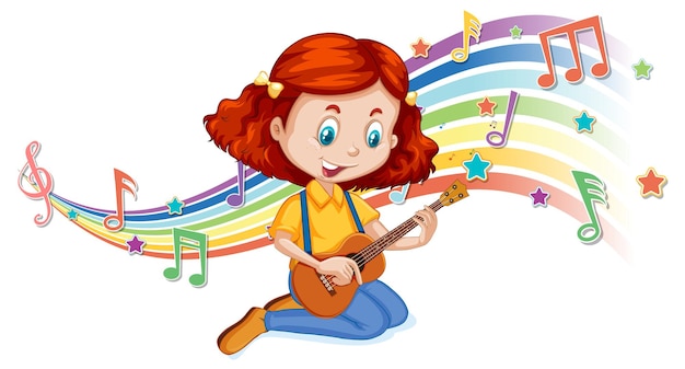 Girl playing guitar with melody symbols on rainbow wave