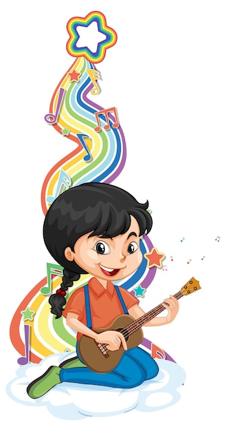 Girl playing guitar with melody symbols on rainbow wave