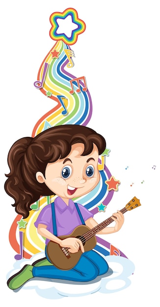 Girl playing guitar with melody symbols on rainbow wave