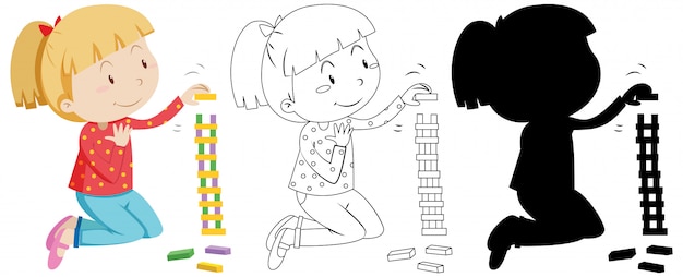 Free Vector girl playing jenga in colour and outline and silhouette