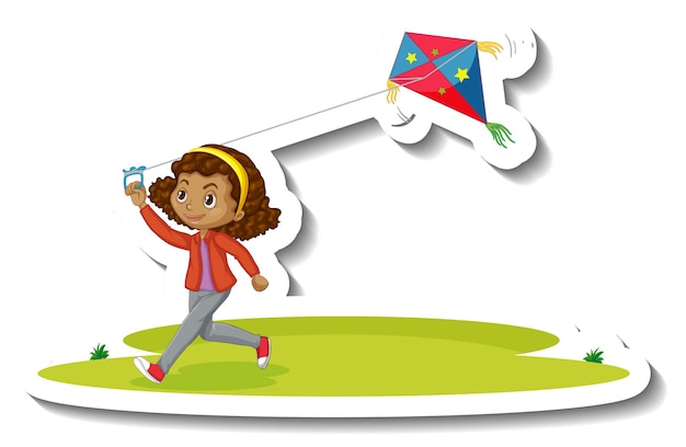 A girl playing kite cartoon character sticker