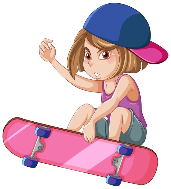 A girl playing skateboard on white background