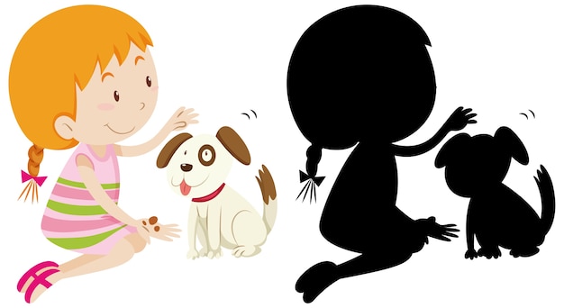 Free Vector girl playing with cute dog with its silhouette