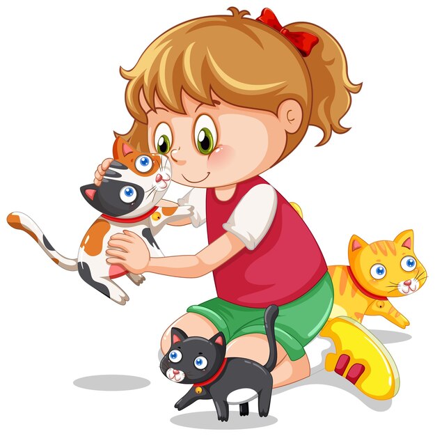 A girl playing with her cats