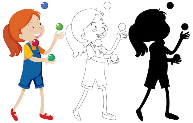 Girl playing with many balls in colour and outline and silhouette