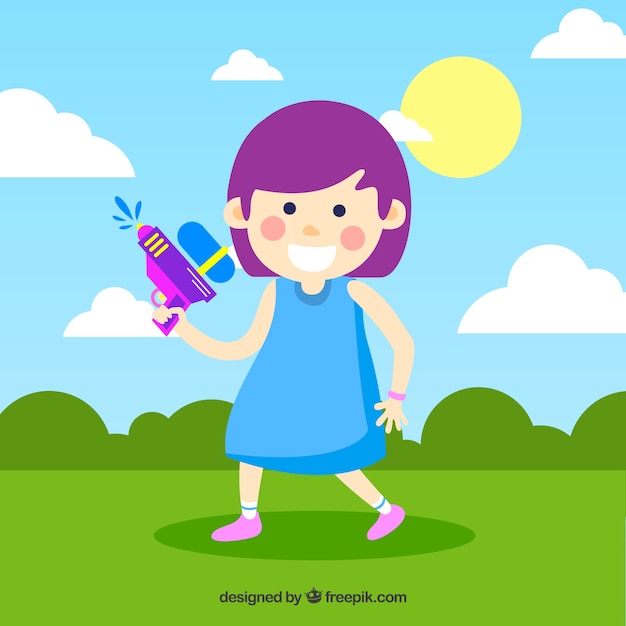 Girl playing with purple water gun