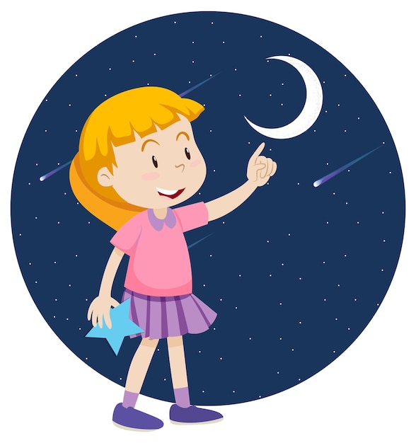 Free Vector a girl pointing finger to the moon