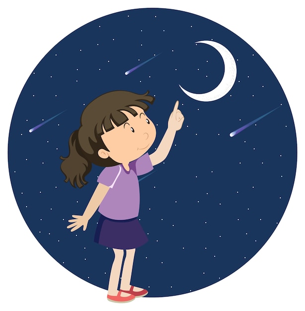 Free Vector a girl pointing finger to the moon