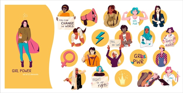 Free Vector girl power flat composition with active young women characters and slogan you can change the world vector illustration