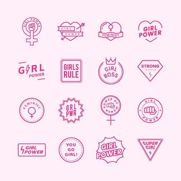 Girl power mixed emblems set illustration