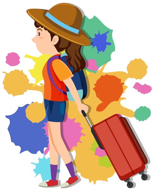 Girl pulling luggage on colorful background