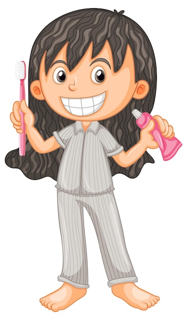 Girl in pyjamas holding toothbrush and toothpaste