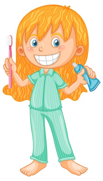 Girl in pyjamas holding toothbrush and toothpaste