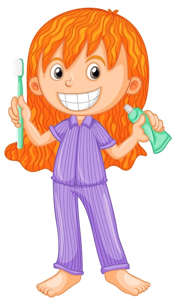 Girl in pyjamas holding toothbrush and toothpaste