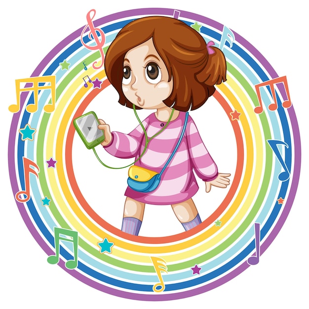 Free Vector girl in rainbow round frame with melody symbols