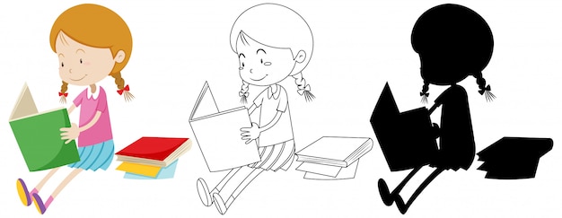 Girl reading book in colour and outline and silhouette