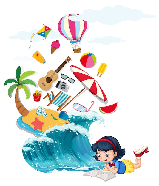 Free Vector girl reading book with summer theme