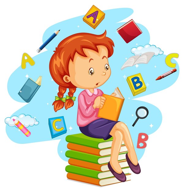 A girl reading books on white background