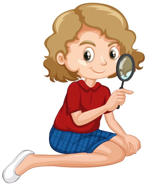 Girl in red shirt holding magnifying glass