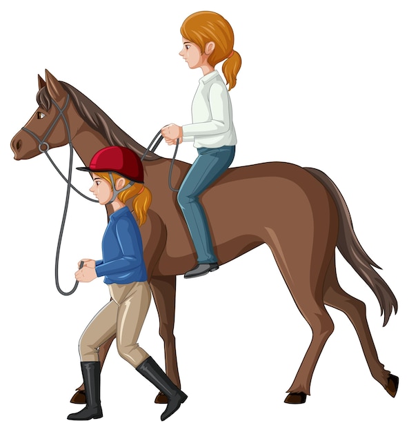 Free Vector a girl riding on a horse with hostler on white background