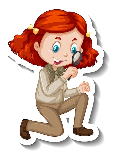 Free Vector girl in safari outfit using magnifying glass cartoon character sticker