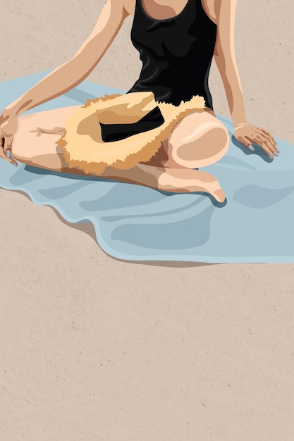 Girl sitting on a beach towel with a straw hat in her lap vector