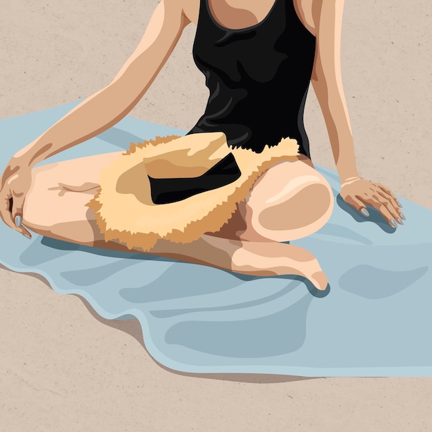 Free Vector girl sitting on a beach towel with a straw hat in her lap vector