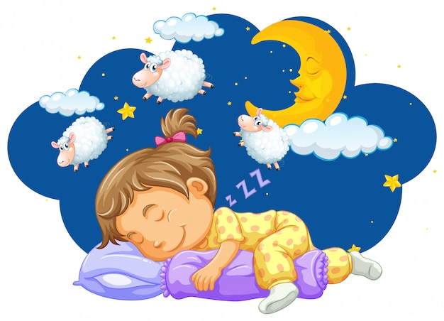 Free Vector girl sleeping with counting sheeps in her dream