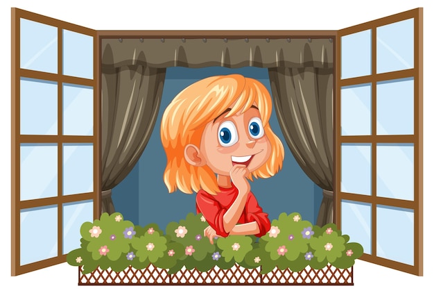 Free Vector girl smiling at open window