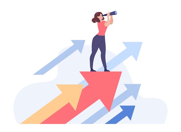 Free vector girl standing on growing arrows and looking through binoculars. woman searching for opportunity or job flat vector illustration. business strategy, goal, pathway, career concept