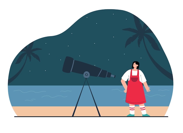 Free Vector girl standing near telescope and looking at stars with sea and palms in background. beautiful starry night flat vector illustration. astronomy concept for banner, website design or landing web page