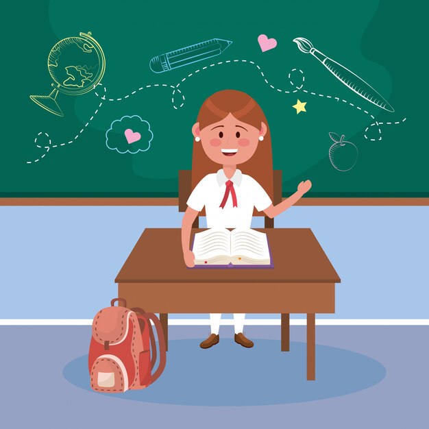 Girl student in the desk with book and backpack