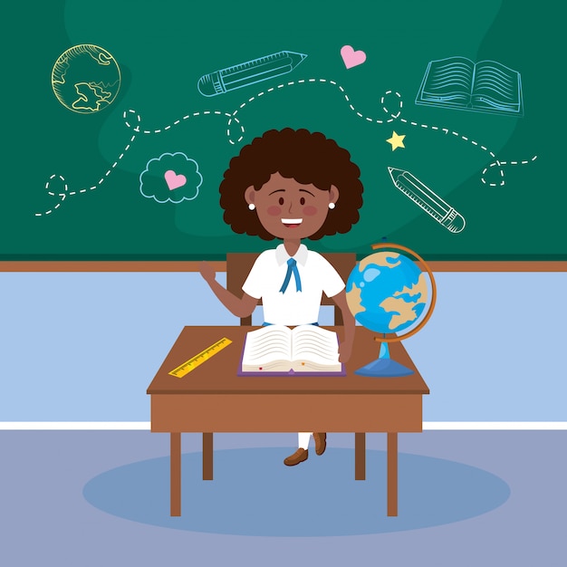 Girl student in the desk with global map and pencil