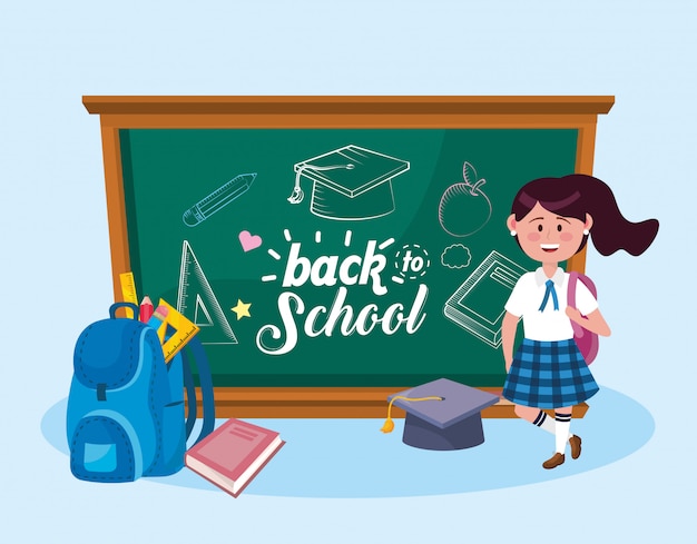 Girl student with backpack and graduation cap with book