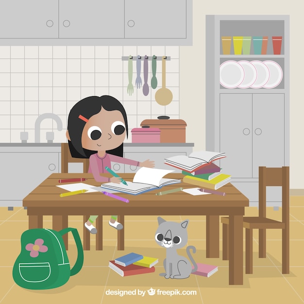 Free Vector girl studying in the kitchen