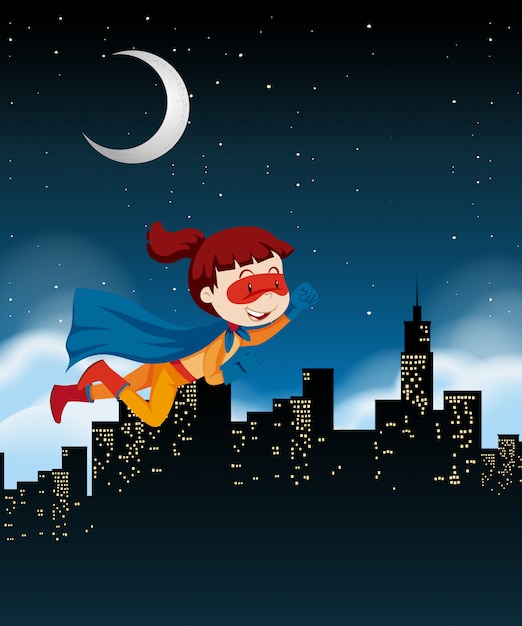 Free Vector a girl super hero flying on sky