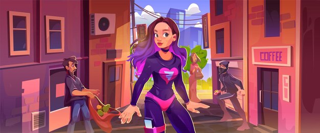 Girl superhero character in city street alley