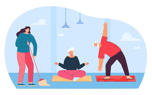 Girl sweeping in gym flat vector illustration. Cleaning woman working while elderly couple exercising or doing yoga. Cleaning service, occupation concept for banner, website design or landing web page