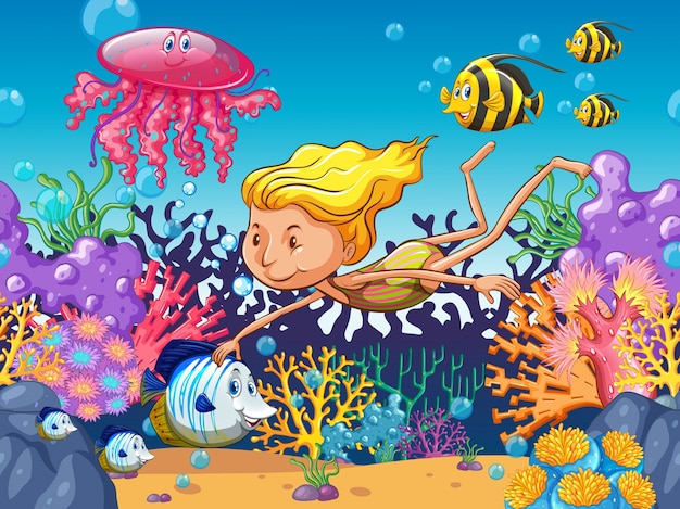 Girl swimming with sea animals underwater illustration