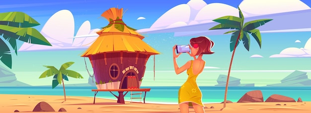 Free Vector girl take photo of landscape with bungalow sea and palm trees