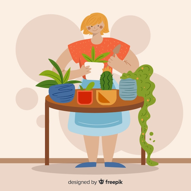 Free Vector girl taking care of plants